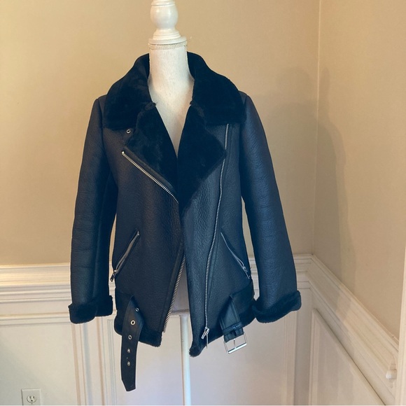 ZARA Black Faux Leather Fur Funnel Neck Moto Aviator Jacket Coat - Picture 2 of 16